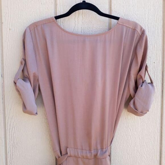 BCBGMaxAzria Alex Cowl Neck Dress Short Sleeve Belted Peasant Satin Rose Gold M - Picture 10 of 14